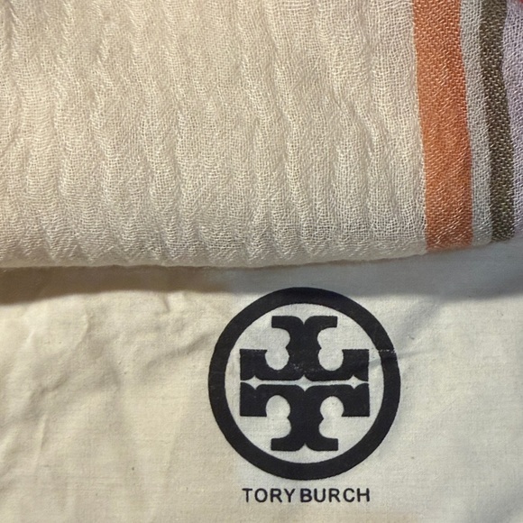 Tory Burch Cream and Pink Fringed Scarf - Picture 4 of 6